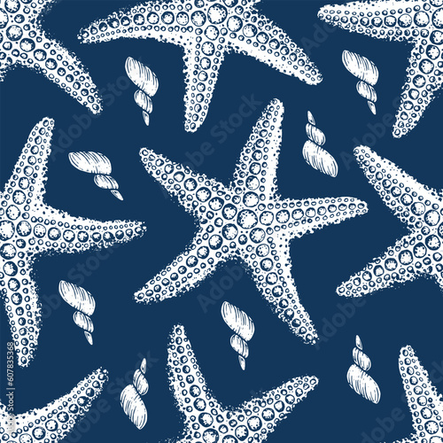 Sea style seamless pattern. Underwater creatures, starfish, sea shell. Marine, nautical endless wallpaper, background. Hand drawn style.