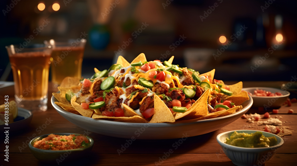 Homemade dish of Nachos on wood table. Ai generate Homemade dish of Nachos on wood table. Ai generate