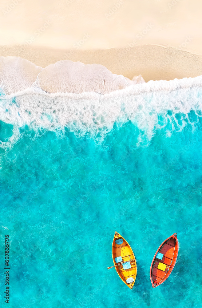 Fototapeta premium Aerial View of Sandy Tropical Beach and Ocean with Yellow and Red Boats Floating on Turquoise Water