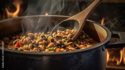 Black-eyed peas being scooped from a pot with a wooden spoon