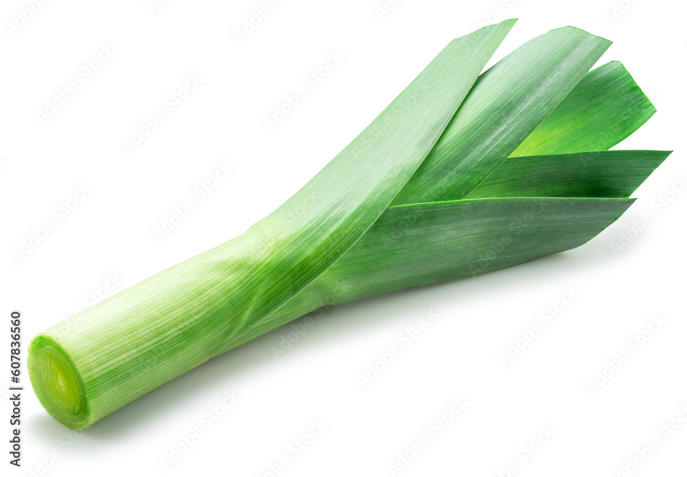 Fresh green leek stem isolated on white background. Fresh green leek stem isolated on white background.