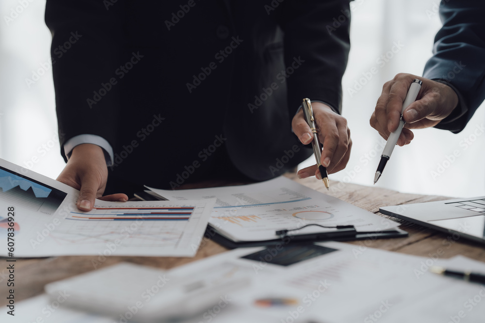 Administrator business man financial inspector and secretary making report, calculating balance. Internal Revenue Service checking document. Audit concept - obrazy, fototapety, plakaty 