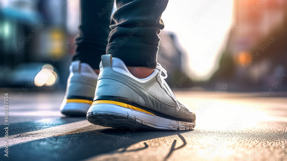 close up man sneakers walking on street with Generative AI