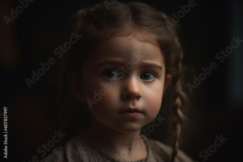 Generative AI illustration portrait of adorable confident little girl in casual clothes with braided hair looking at camera in dark room photo