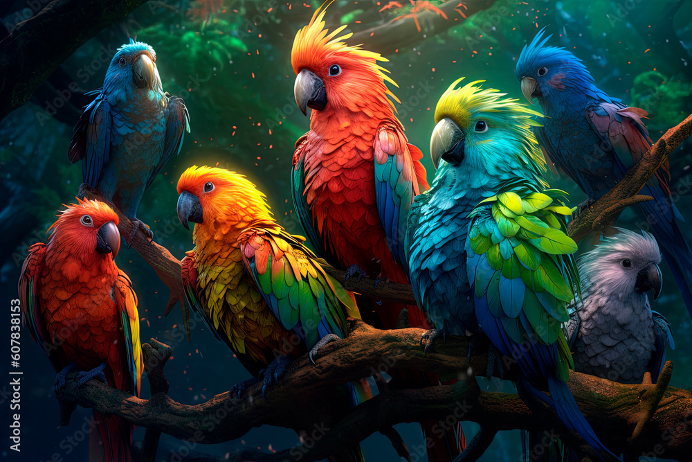 A group of birds parrots sitting on top of a tree branches. Generative AI A group of birds parrots sitting on top of a tree branches. Generative AI