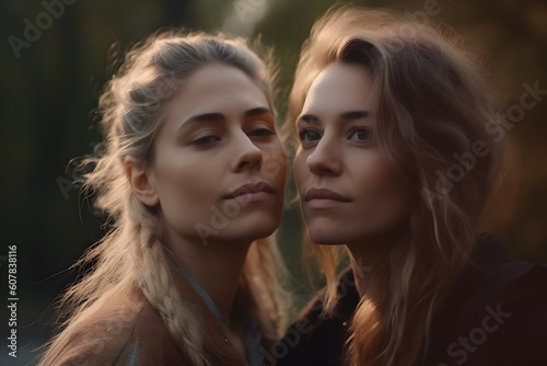 Generative AI illustration of calm young female friends standing close to each other and looking away against blurred background