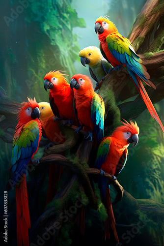 A group of birds parrots sitting on top of a tree branches. Generative AI