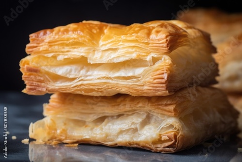close-up of flaky puff pastry turnover, showing the layers and flakiness, created with generative ai photo