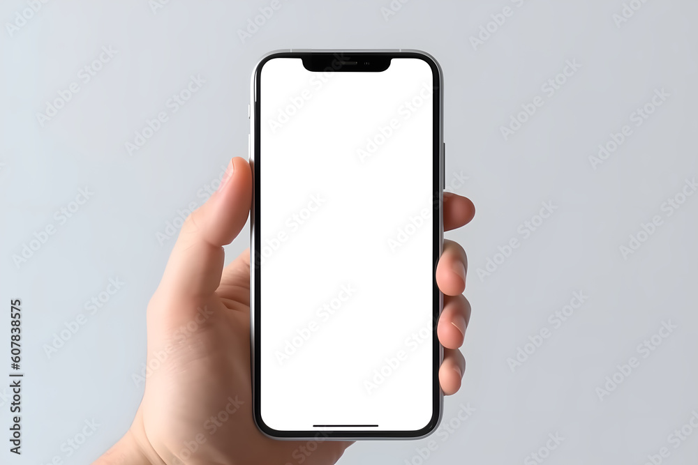 Hand holding mockup smartphone with blank screen and modern frame less ...