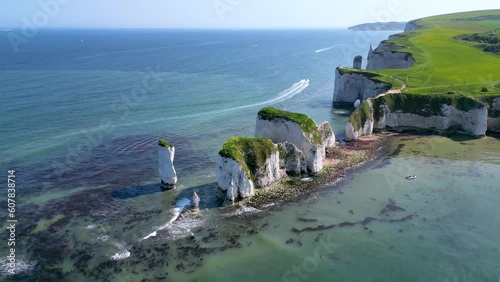 Panoramic aerial view of the Old Harry Rocks, Jurrasic Coast, famous landmark in Dorset, England, during a sunny spring day