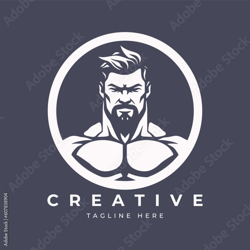Strong man muscle gym fitness club logo design, bodybuilder, vector illustration for mascot icon 
