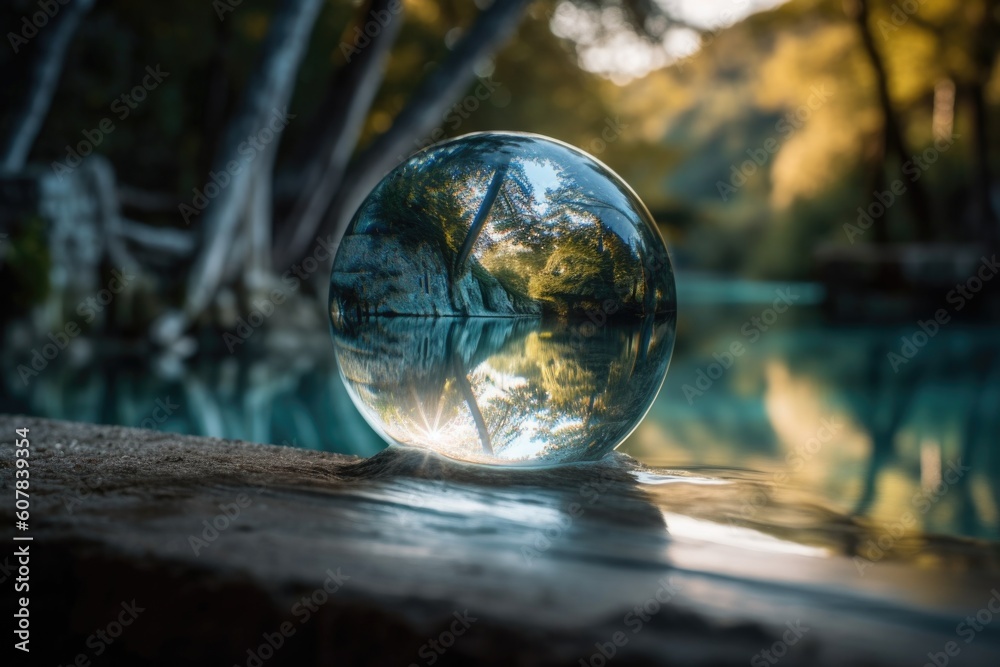 magic crystal ball, reflected in pool of water, surrounded by natural scenery, created with generative ai magic crystal ball, reflected in pool of water, surrounded by natural scenery, created with generative ai