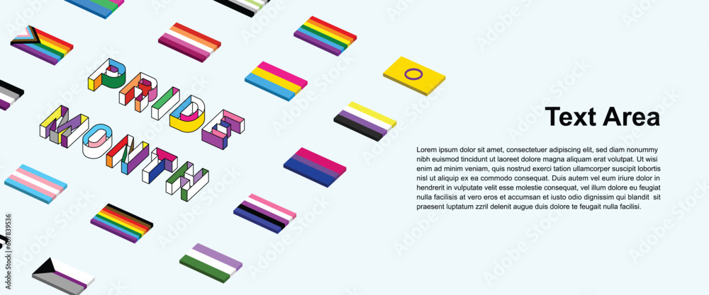 3D pride month text and flag set banner. Pride month celebration. 3D pride month text and flag set banner. Pride month celebration.