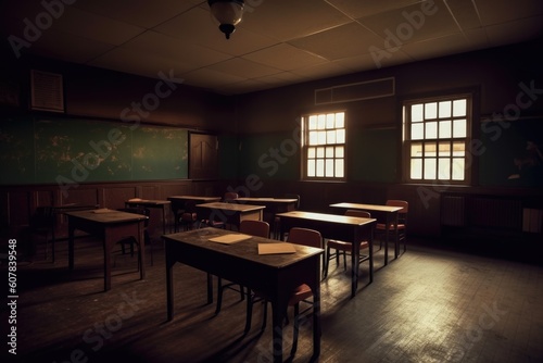 empty classroom  with dimmed and rustic lighting  for a dramatic setting  created with generative ai