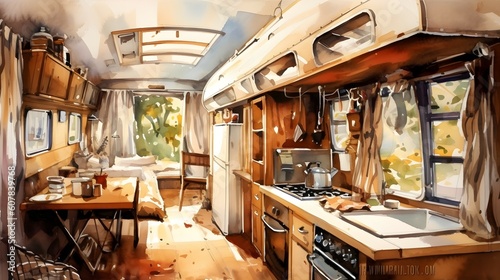 Camping trailer car interior concept. Generative AI © Alex Bur