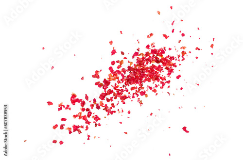Fototapeta Naklejka Na Ścianę i Meble -   Ground red peppercorns, crushed pepper pile isolated on white background and texture, top view