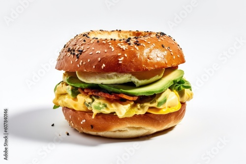 Delicious Breakfast Sandwich with Scrambled Egg and Avocado on a White Background (Generative AI)