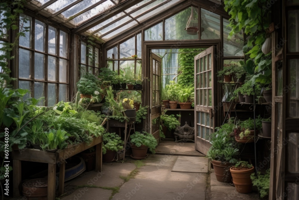 greenhouse with cascade of greenery spilling out the door, created with generative ai