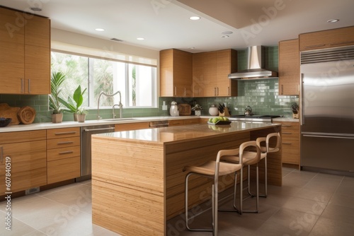 eco-friendly kitchen with bamboo cabinets, energy-efficient appliances, and eco-friendly cookware, created with generative ai