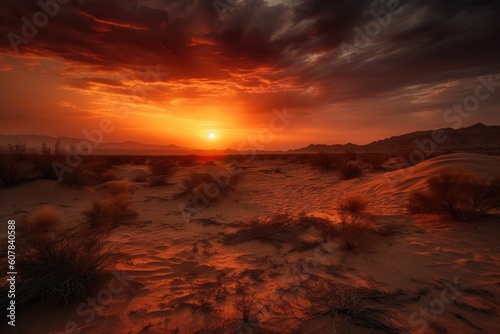 desert sunrise, with warm tones and fiery skies, created with generative ai