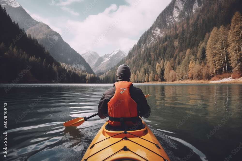 Outdoor adventure. Kayaking on wild river in mountains. Generative AI Outdoor adventure. Kayaking on wild river in mountains. Generative AI