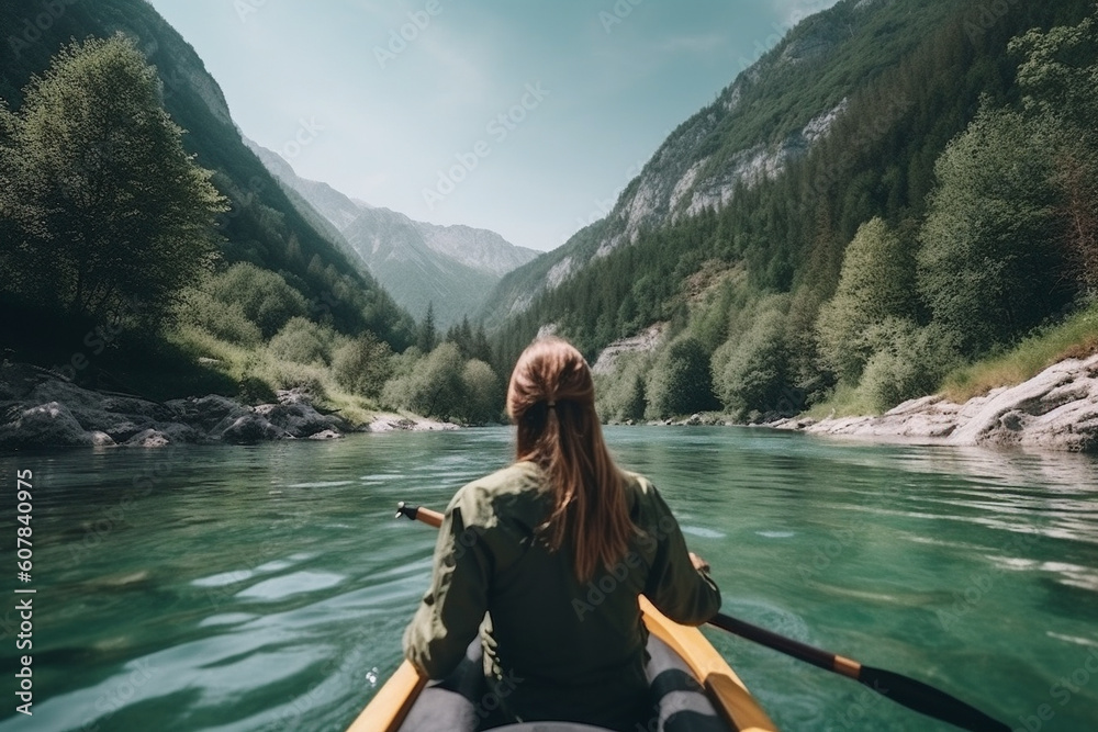 Outdoor adventure. Kayaking on wild river in mountains. Generative AI