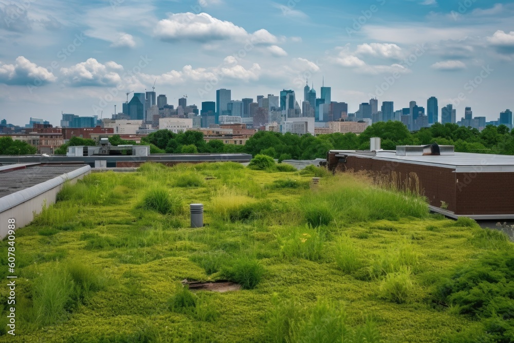 green rooftops with view of the city skyline, created with generative ai