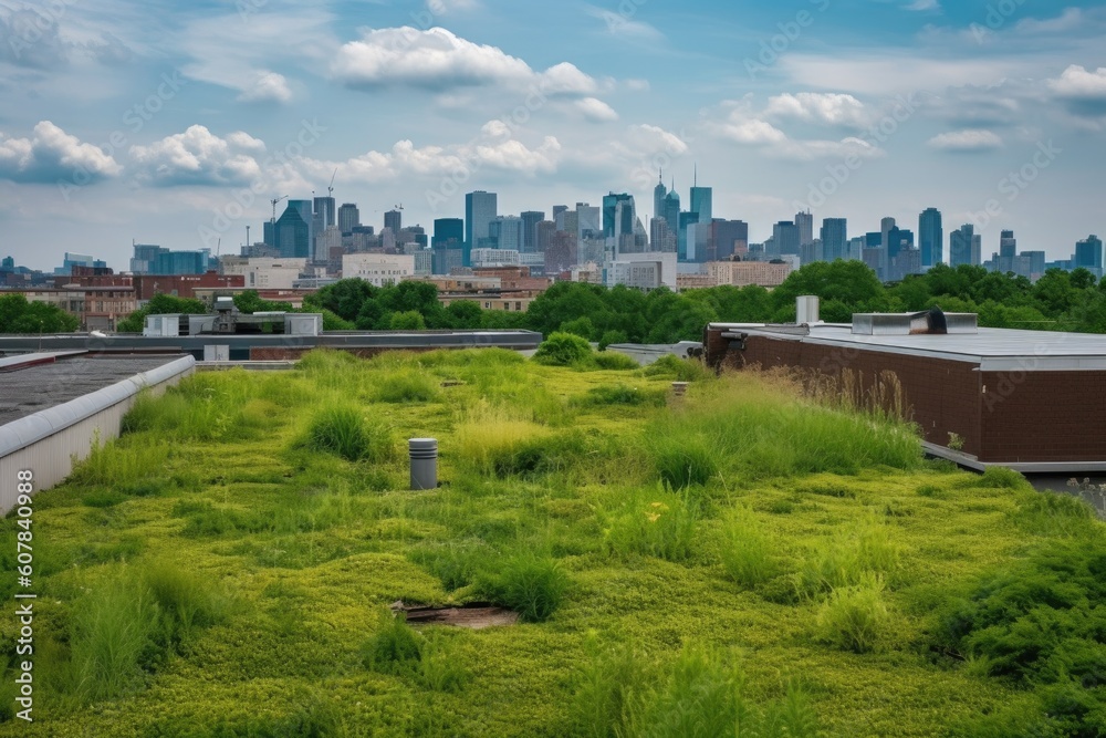 green rooftops with view of the city skyline, created with generative ai green rooftops with view of the city skyline, created with generative ai