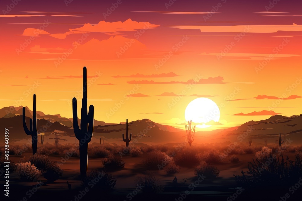 Obraz premium desert landscape with the setting sun, showcasing a vibrant and colorful sky, created with generative ai