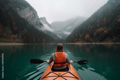 Outdoor adventure. Kayaking on wild river in mountains. Generative AI © marcin jucha