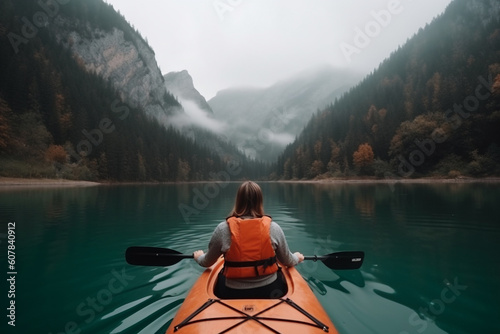 Outdoor adventure. Kayaking on wild river in mountains. Generative AI