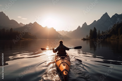 Outdoor adventure. Kayaking on wild river in mountains. Generative AI © marcin jucha