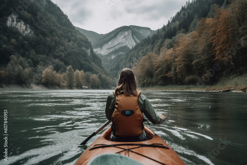 Outdoor adventure. Kayaking on wild river in mountains. Generative AI