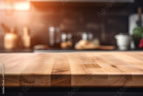 Wooden empty kitchen counter top. Blur n background. Montage for produck mockup. Generative AI