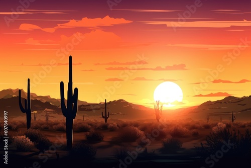 desert landscape with the setting sun, showcasing a vibrant and colorful sky, created with generative ai