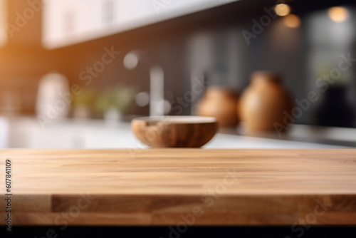 Wooden empty kitchen counter top. Blur n background. Montage for produck mockup. Generative AI