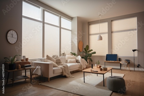 home with smart thermostat, lights and window blinds that automatically adjust according to the time of day, created with generative ai © Natalia