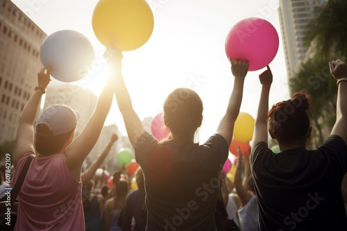 AI Generated Image of unrecognizable protestors in the city standing with their arms raised and holding colorful balloons photo