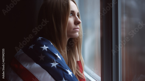 AI generated image of serene woman at home wrapped in US flag next to the window. USA Independence Day concept photo