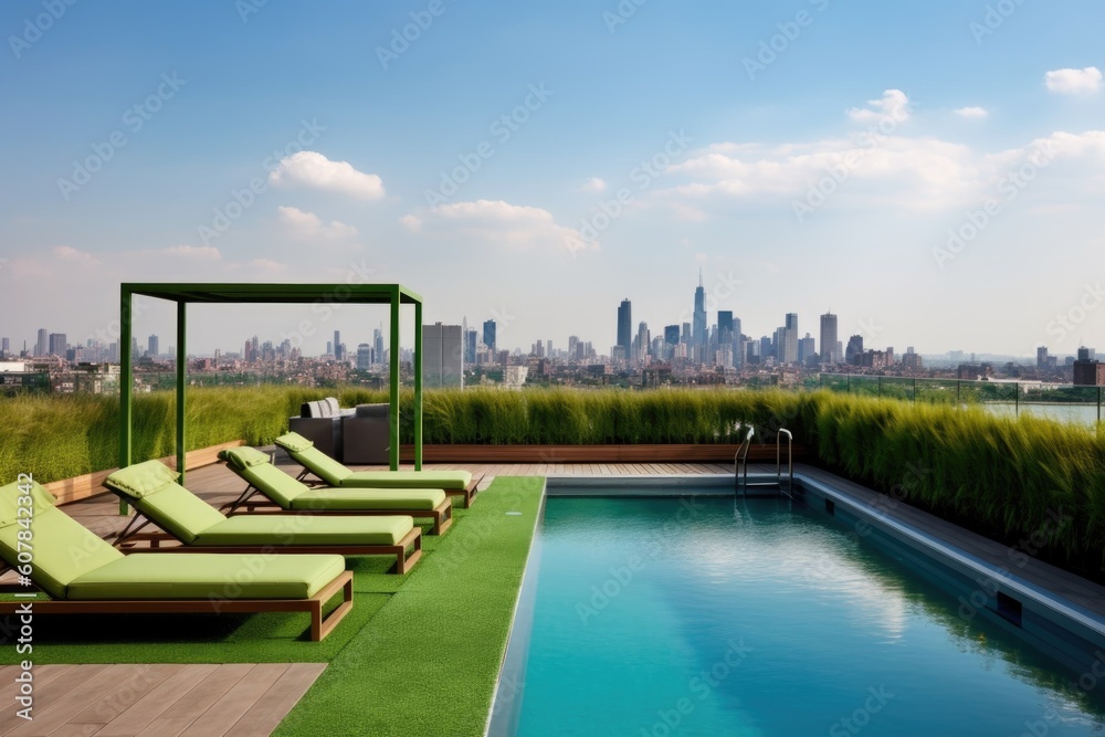 Fototapeta premium green rooftop terrace with lounge chairs and an infinity pool, surrounded by city skyline, created with generative ai