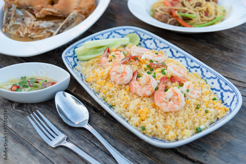Main course in Thai food, serve fried rice with egg and shrimps in restaurant 