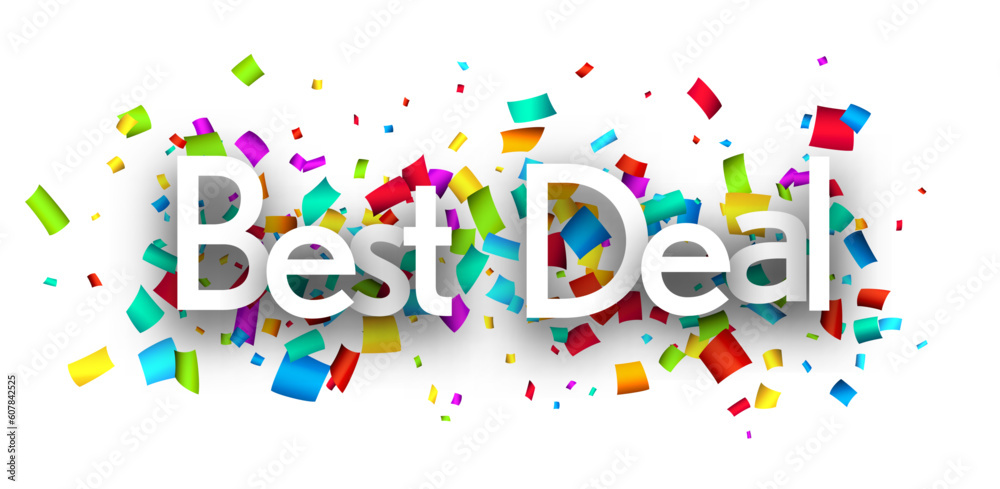 Best deal sign over colorful cut out ribbon confetti background. Design element. Vector illustration.