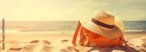 Women beach bag and straw hat on it on sand on sea shore near water. Summer vacation or holiday concept background. Created with generative Ai