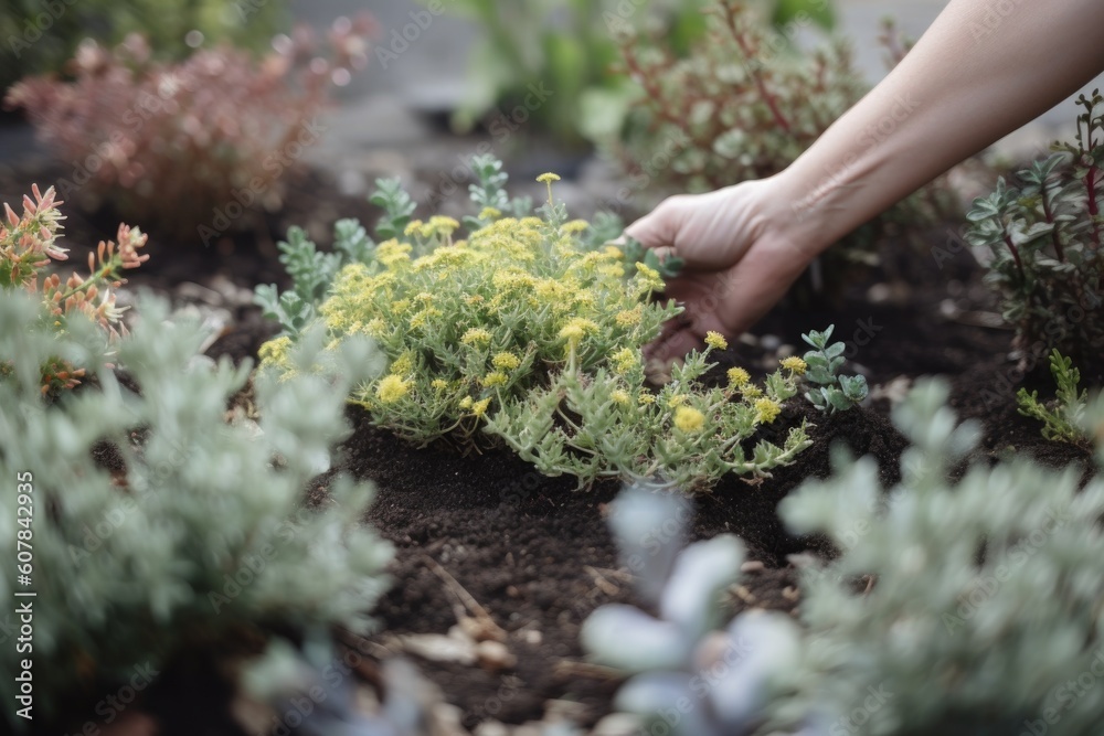 hands, planting drought-tolerant and native plant in garden, created with generative ai