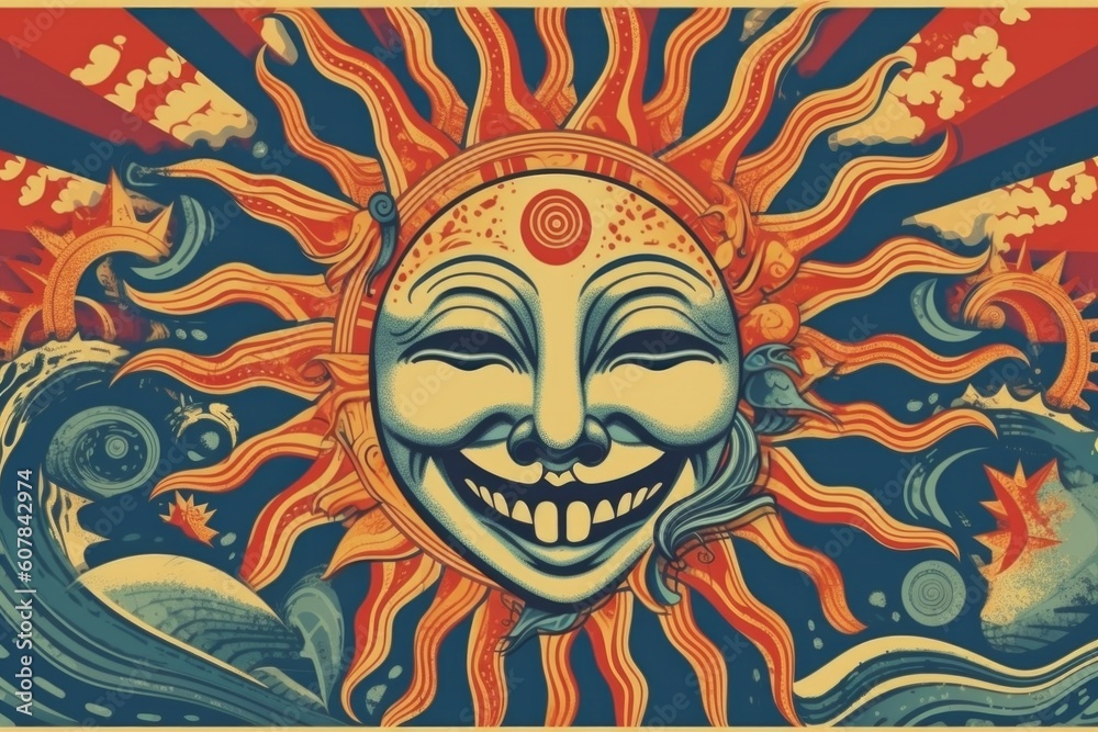 vintage psychedelic poster with retro style illustration of laughing sun, created with generative ai