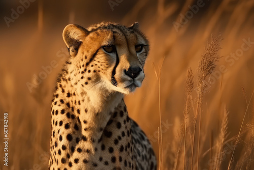 cheetah in tall yellow grass. Wild african animals, generative AI