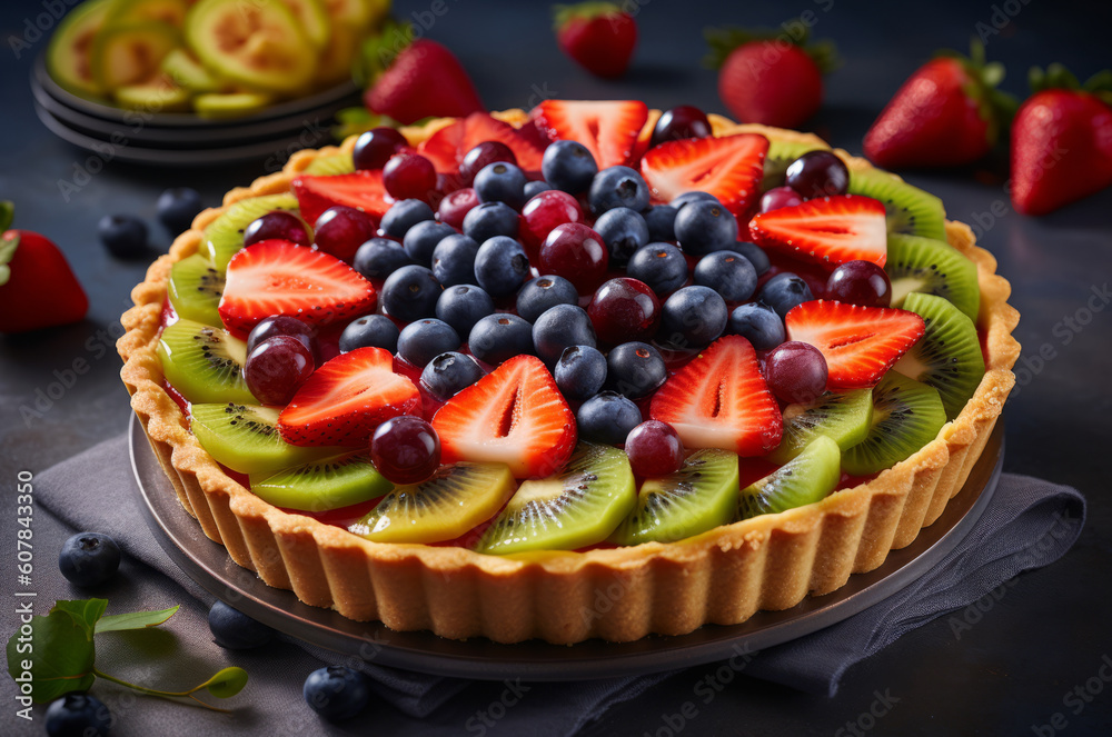 Classic Fruit Tart topped with fresh berries and kiwi fruit slices. Generative AI Classic Fruit Tart topped with fresh berries and kiwi fruit slices. Generative AI