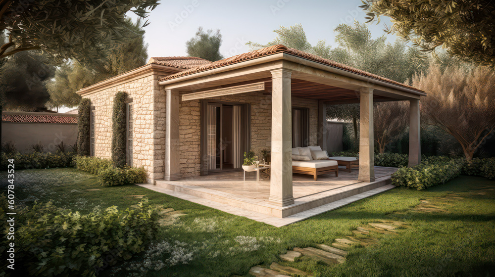 3D render roman style, Home and Garden Embracing the Timeless Elegance and Tranquility, Creating a Harmonious Fusion of Indoor and Outdoor Spaces