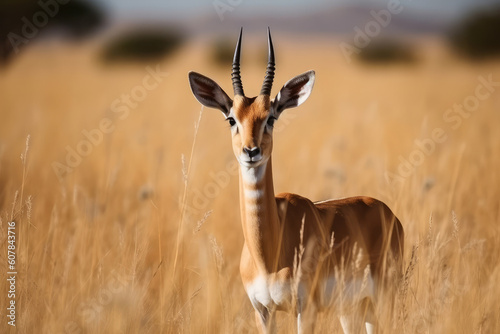 The springbok (medium-sized antelope) in tall yellow grass. Wild african animals, generative AI photo