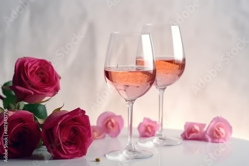 Two glasses of rose wine on white table. Still life with wine and flowers. AI
